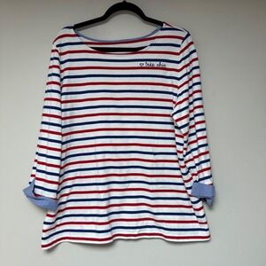 Talbots XL Red Blue White Striped‎ Long Sleeve "Très Chic" Embroidered Shirt
